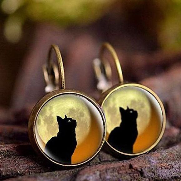 Jewelry - Black Cat and Moon Round Earrings/Jewelry/Cute Cat Earrings/Gift Idea/Pets